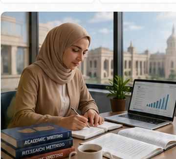 پژوهشگر در حال بررسی متن علمی برای ترجمه و ویرایش